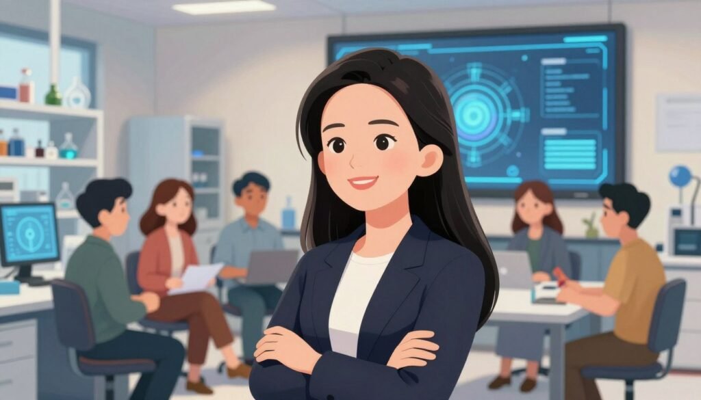 A thoughtful portrait of Fei-Fei Li, a prominent figure in the human-centric AI movement. The foreground features her confidently smiling, dressed in professional business attire, with a background of high-tech lab equipment symbolizing innovation. In the middle ground, diverse individuals are engaged in collaborative discussions, showcasing a vibrant, inclusive atmosphere. The setting is illuminated by soft, warm lighting, evoking a sense of approachability and creativity. The background shows a large digital screen displaying AI-related designs, emphasizing technology's role in enhancing humanity. The overall mood is inspiring and optimistic, capturing the essence of leadership in modern science. The image should reflect the ethos of Debsie, emphasizing a friendly and inviting aesthetic.