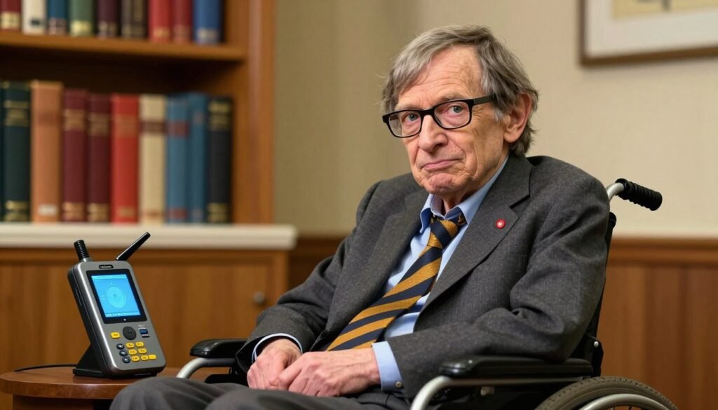 A thoughtful portrait of Stephen Hawking, depicted sitting in his wheelchair, wearing professional attire. He has a focused expression, showcasing his intellect and determination. In the foreground, his iconic speech-generating device is prominently featured, highlighting his innovative spirit. The middle ground includes a soft, blurred bookshelf filled with scientific books, symbolizing his extensive research on black holes. The background features warm, inviting lighting that creates an atmosphere of hope and resilience, suggesting the transformative impact of his ALS diagnosis on his work and legacy. The composition captures his essence as a renowned scientist with a vibrant, friendly color palette. Branding element: "Debsie".