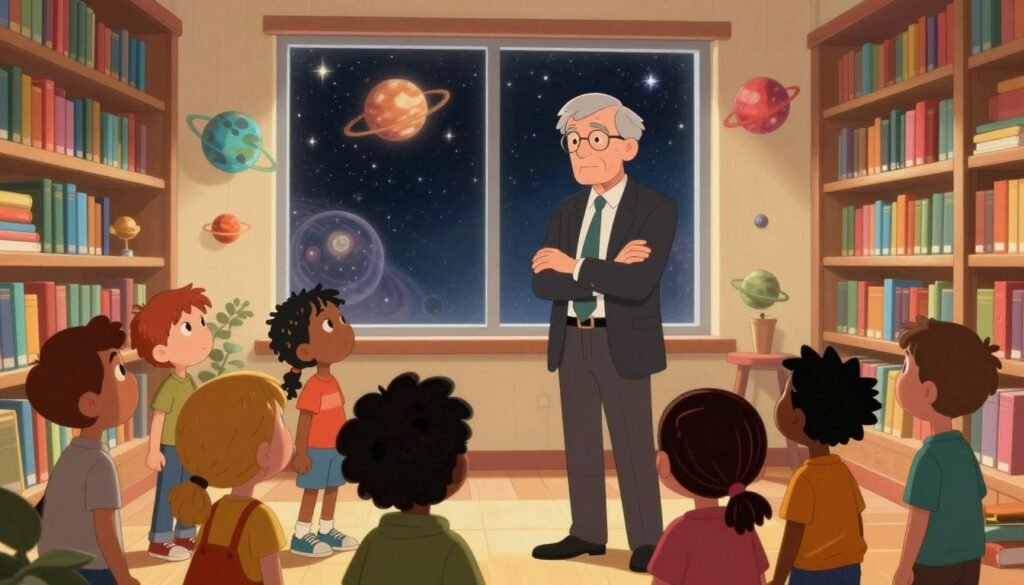 A thoughtful portrayal of Carl Sagan, in professional business attire, standing confidently in a vibrant library filled with books about science and the universe. In the foreground, he engages with a diverse group of animated children, all dressed in modest casual clothing, as they curiously explore illustrations of galaxies and planets. In the middle ground, a large window reveals a starry sky, suggesting the wonders of the cosmos beyond, while soft lighting casts a warm, welcoming glow throughout the room. The ambiance is educational and inspiring, with an emphasis on scientific literacy and curiosity. Colorful book spines and planets in vibrant colors enhance the atmosphere, creating a friendly and engaging scene that embodies Sagan's advocacy for understanding science. Debsie. A thoughtful portrayal of Carl Sagan, in professional business attire, standing confidently in a vibrant library filled with books about science and the universe. In the foreground, he engages with a diverse group of animated children, all dressed in modest casual clothing, as they curiously explore illustrations of galaxies and planets. In the middle ground, a large window reveals a starry sky, suggesting the wonders of the cosmos beyond, while soft lighting casts a warm, welcoming glow throughout the room. The ambiance is educational and inspiring, with an emphasis on scientific literacy and curiosity. Colorful book spines and planets in vibrant colors enhance the atmosphere, creating a friendly and engaging scene that embodies Sagan's advocacy for understanding science. Debsie.