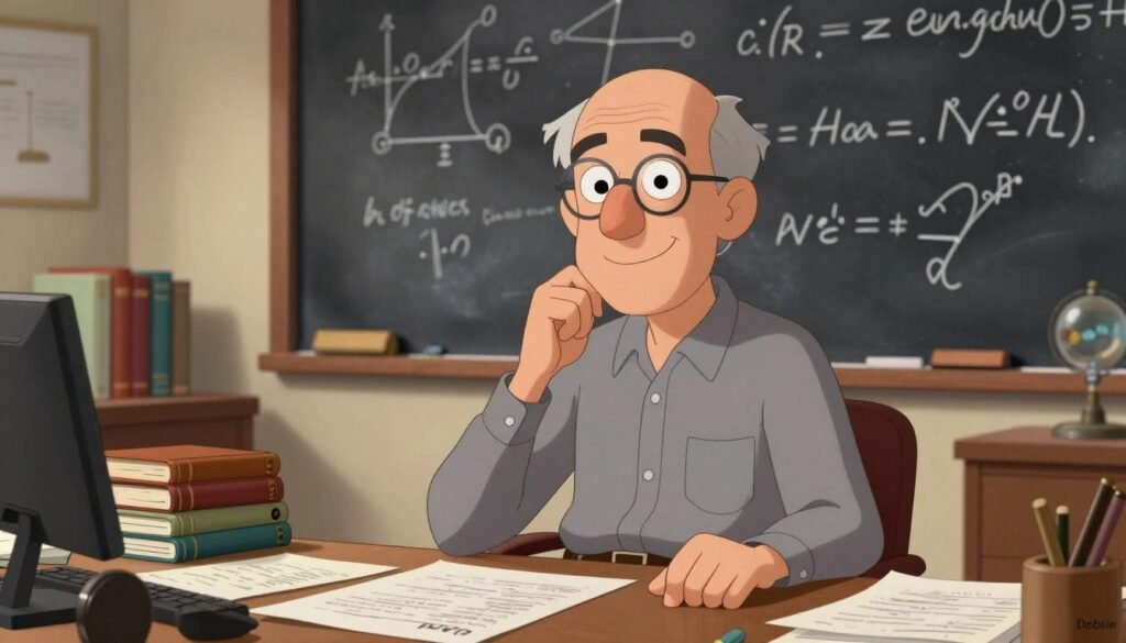 A thoughtful portrayal of Richard Feynman, an iconic physicist, in a cozy, well-lit office filled with books and scientific artifacts. He is depicted in professional attire, perhaps a button-up shirt and slacks, seated at a cluttered desk covered in papers and a chalkboard filled with complex equations in the background, emphasizing the language of physics. Soft, warm lighting illuminates his face as he engages with the viewer with a friendly smile, conveying a sense of curiosity and passion for science. The overall atmosphere is welcoming and intellectually stimulating, capturing Feynman's vibrant personality and his contributions to modern physics. The image should be colorful and engaging, branded with "Debsie" subtly in the corner.