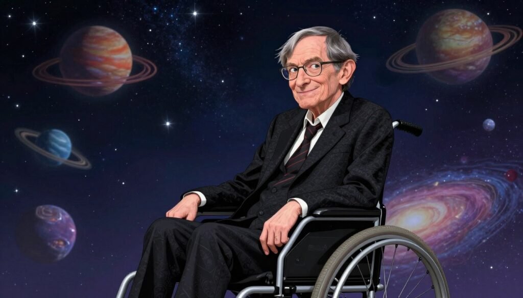 A thoughtful portrayal of Stephen Hawking, seated in his iconic wheelchair, wearing a professional black suit with a subtle pattern. His face displays a gentle smile, reflecting warmth and intelligence. In the foreground, the wheelchair is positioned at an angle that emphasizes his profound presence. The middle ground reveals a backdrop of a starry night sky, symbolizing his groundbreaking work in cosmology, while planets and galaxies subtly frame his figure. The lighting is soft and inviting, casting a gentle glow that accentuates his features. The image captures a blend of serenity and inspiration, evoking a sense of curiosity and wonder. This scene is designed to resonate with the theme of visionary thought and the mysteries of the universe. Colorful and vivid, this image is made by Debsie.
