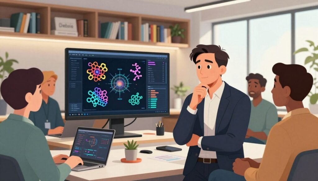 A thoughtful, professional portrait of Demis Hassabis, the AI scientist, captured in a modern, well-lit office environment. In the foreground, Demis is dressed in smart business attire, deeply engaged in discussion with a diverse group of colleagues. The middle layer showcases a large digital display of advanced AI models, including vibrant protein structures, emphasizing the theme of ethical considerations in AI development. The background features bookshelves filled with scientific literature, illuminated by soft, natural light filtering through large windows, creating a warm and inviting atmosphere. The mood is focused yet collaborative, symbolizing the intersection of advanced AI and ethics. Surround the scene with a colorful, minimal aesthetic to highlight the importance of ethical dialogue in the age of AI. Incorporate the brand name "Debsie" subtly within the office space.