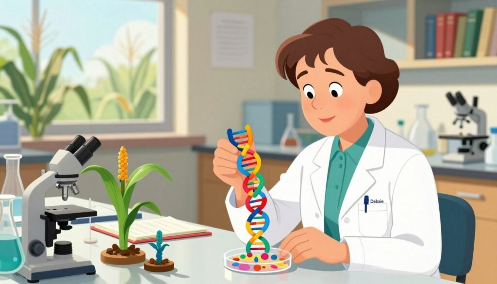 A thoughtful representation of Barbara McClintock, the renowned geneticist, in her laboratory, engaging with colorful genetic sequences and corn plants symbolizing her groundbreaking work in genetics. In the foreground, depict McClintock, a middle-aged woman with short hair, wearing a professional blouse and lab coat, analyzing a petri dish filled with vibrant, abstract representations of DNA. In the middle ground, include a table cluttered with scientific instruments and notebooks, showcasing her dedication to research. The background features a bright, sunlit laboratory, with leafy corn plants and shelves of books, creating a warm and inspiring atmosphere. Use soft, natural lighting to highlight her focused expression and the vivid colors of the genetic models. The image should feel friendly and enlightening, branded subtly with "Debsie."