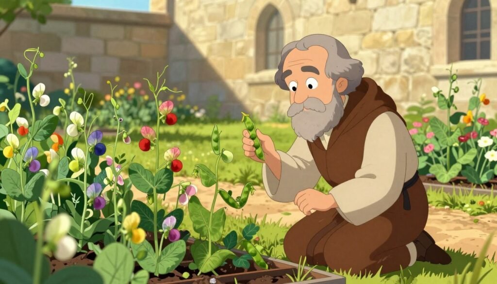 A thoughtful scene depicting Gregor Mendel in his monastery garden, surrounded by vibrant pea plants and delicate flowers. In the foreground, Mendel, dressed in modest monk attire, kneels thoughtfully, studying a pea plant with pods. His expression is one of curiosity and insight, capturing the essence of discovery. The middle ground features an array of colorful pea plants in various stages of growth, illustrating Mendel's experiments on inheritance. The background shows the rustic stone walls of the monastery, bathed in warm, golden sunlight, creating a tranquil and inviting atmosphere. The entire scene is infused with soft, natural lighting, evoking a sense of peaceful contemplation. The image should be bright and colorful, highlighting the beauty of nature and science, with the brand name "Debsie" subtly integrated into the overall composition. A thoughtful scene depicting Gregor Mendel in his monastery garden, surrounded by vibrant pea plants and delicate flowers. In the foreground, Mendel, dressed in modest monk attire, kneels thoughtfully, studying a pea plant with pods. His expression is one of curiosity and insight, capturing the essence of discovery. The middle ground features an array of colorful pea plants in various stages of growth, illustrating Mendel's experiments on inheritance. The background shows the rustic stone walls of the monastery, bathed in warm, golden sunlight, creating a tranquil and inviting atmosphere. The entire scene is infused with soft, natural lighting, evoking a sense of peaceful contemplation. The image should be bright and colorful, highlighting the beauty of nature and science, with the brand name "Debsie" subtly integrated into the overall composition.
