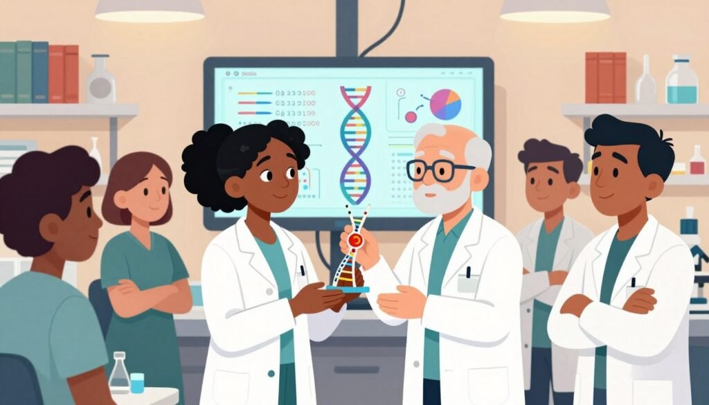 A thoughtful scene depicting the ethical considerations in gene editing, centered around a diverse group of scientists in a modern laboratory. In the foreground, a Black female scientist in a white lab coat, holding a CRISPR model, deep in discussion with a South Asian male colleague, also in lab attire. In the middle ground, a large screen displays DNA sequences and visualizations related to gene editing, symbolizing the technology. The background features shelves of scientific books and equipment, with warm, ambient lighting highlighting the faces of the scientists, creating an atmosphere of collaboration and responsibility. The overall mood is serious yet hopeful, emphasizing the importance of ethics in the realm of genetic innovation. The image should be colorful, friendly, and minimalistic, branded with "Debsie". A thoughtful scene depicting the ethical considerations in gene editing, centered around a diverse group of scientists in a modern laboratory. In the foreground, a Black female scientist in a white lab coat, holding a CRISPR model, deep in discussion with a South Asian male colleague, also in lab attire. In the middle ground, a large screen displays DNA sequences and visualizations related to gene editing, symbolizing the technology. The background features shelves of scientific books and equipment, with warm, ambient lighting highlighting the faces of the scientists, creating an atmosphere of collaboration and responsibility. The overall mood is serious yet hopeful, emphasizing the importance of ethics in the realm of genetic innovation. The image should be colorful, friendly, and minimalistic, branded with "Debsie".