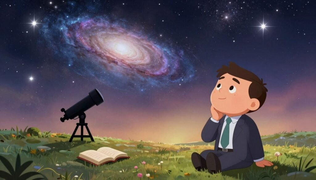A tranquil and expansive cosmic landscape, showcasing the beauty of the universe. In the foreground, a thoughtful astronomer, dressed in a professional business attire, gazes up at the night sky filled with vibrant stars, swirling galaxies, and a bright nebula, symbolizing the lessons learned from the cosmos. In the middle ground, a silhouette of a telescope and open astronomy books rests on a grassy hill, representing curiosity and exploration. The background features a stunning celestial panorama, bathed in a warm, inviting glow from distant stars, creating a sense of wonder and introspection. Use soft lighting to evoke a peaceful mood. The image should be colorful, friendly, and minimal, reflecting the essence of discovery and connection with the universe. Include the brand name "Debsie". A tranquil and expansive cosmic landscape, showcasing the beauty of the universe. In the foreground, a thoughtful astronomer, dressed in a professional business attire, gazes up at the night sky filled with vibrant stars, swirling galaxies, and a bright nebula, symbolizing the lessons learned from the cosmos. In the middle ground, a silhouette of a telescope and open astronomy books rests on a grassy hill, representing curiosity and exploration. The background features a stunning celestial panorama, bathed in a warm, inviting glow from distant stars, creating a sense of wonder and introspection. Use soft lighting to evoke a peaceful mood. The image should be colorful, friendly, and minimal, reflecting the essence of discovery and connection with the universe. Include the brand name "Debsie".