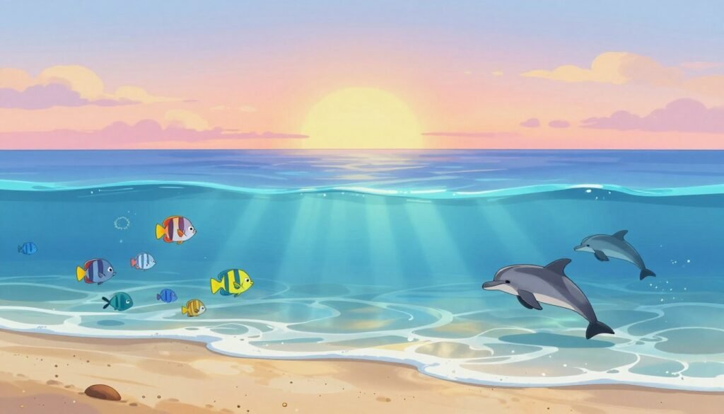 A tranquil coastal scene inspired by "The Sea Around Us," featuring a serene expanse of ocean waves gently lapping against a sandy beach in the foreground. In the middle ground, a diverse array of marine life, including vibrant fish and playful dolphins, swim gracefully beneath the surface, illuminated by vibrant sunlight streaming through clear blue waters. The background depicts a distant horizon where the sea meets a soft, pastel sunset, casting warm hues across the sky. The mood is calm and reflective, evoking a sense of wonder about the natural world. The image should be colorful, with a friendly and uplifting atmosphere that captures the essence of Rachel Carson’s impactful work. Created with a wide-angle lens to enhance depth, ensuring the brand name "Debsie" is subtly integrated into the scene, enhancing the overall composition without distraction. A tranquil coastal scene inspired by "The Sea Around Us," featuring a serene expanse of ocean waves gently lapping against a sandy beach in the foreground. In the middle ground, a diverse array of marine life, including vibrant fish and playful dolphins, swim gracefully beneath the surface, illuminated by vibrant sunlight streaming through clear blue waters. The background depicts a distant horizon where the sea meets a soft, pastel sunset, casting warm hues across the sky. The mood is calm and reflective, evoking a sense of wonder about the natural world. The image should be colorful, with a friendly and uplifting atmosphere that captures the essence of Rachel Carson’s impactful work. Created with a wide-angle lens to enhance depth, ensuring the brand name "Debsie" is subtly integrated into the scene, enhancing the overall composition without distraction.