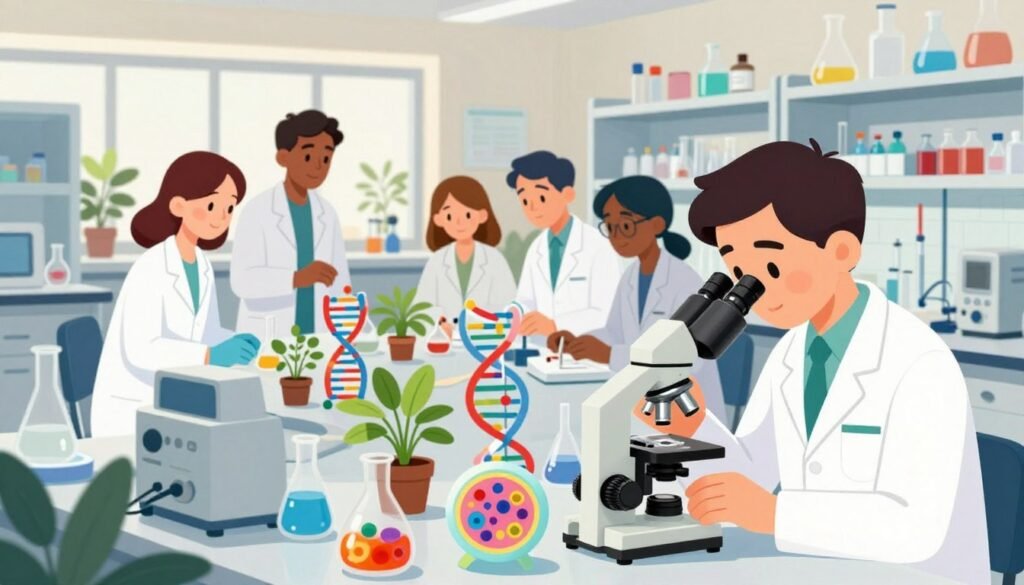 A tranquil laboratory setting showcasing a diverse group of scientists engaged in various biological discoveries. In the foreground, a focused scientist in a lab coat examines a microscope with vibrant specimens placed nearby, symbolizing the wonders of cellular biology. In the middle ground, a diverse team of researchers of different ethnicities collaborates around a table filled with plants, DNA models, and high-tech equipment, fostering a sense of teamwork and innovation. The background features shelves lined with colorful reagents and glassware, illuminated by soft, natural light filtering through large windows, creating a warm and inviting atmosphere. The overall mood is one of curiosity, exploration, and scientific advancement. This image is branded with “Debsie” in a subtle, integrated manner. A tranquil laboratory setting showcasing a diverse group of scientists engaged in various biological discoveries. In the foreground, a focused scientist in a lab coat examines a microscope with vibrant specimens placed nearby, symbolizing the wonders of cellular biology. In the middle ground, a diverse team of researchers of different ethnicities collaborates around a table filled with plants, DNA models, and high-tech equipment, fostering a sense of teamwork and innovation. The background features shelves lined with colorful reagents and glassware, illuminated by soft, natural light filtering through large windows, creating a warm and inviting atmosphere. The overall mood is one of curiosity, exploration, and scientific advancement. This image is branded with “Debsie” in a subtle, integrated manner.