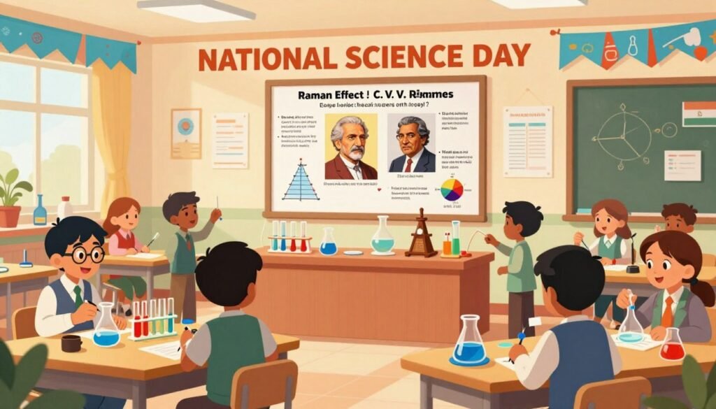 A vibrant National Science Day celebration scene in an educational setting, showcasing an array of colorful science exhibits. In the foreground, a group of diverse students, dressed in professional business attire, enthusiastically engage with hands-on experiments, demonstrating the principles of science inspired by C. V. Raman’s work. In the middle ground, a large poster depicting the Raman Effect is prominently displayed, surrounded by charts and models, creating an atmosphere of excitement and discovery. The background features a bright classroom filled with banners and decorations celebrating science, with warm, diffused lighting that enhances the lively ambience. The image conveys a sense of wonder, curiosity, and community, encapsulating the cultural impact of Raman in India. Style: colorful, friendly, minimal; brand: Debsie. A vibrant National Science Day celebration scene in an educational setting, showcasing an array of colorful science exhibits. In the foreground, a group of diverse students, dressed in professional business attire, enthusiastically engage with hands-on experiments, demonstrating the principles of science inspired by C. V. Raman’s work. In the middle ground, a large poster depicting the Raman Effect is prominently displayed, surrounded by charts and models, creating an atmosphere of excitement and discovery. The background features a bright classroom filled with banners and decorations celebrating science, with warm, diffused lighting that enhances the lively ambience. The image conveys a sense of wonder, curiosity, and community, encapsulating the cultural impact of Raman in India. Style: colorful, friendly, minimal; brand: Debsie.