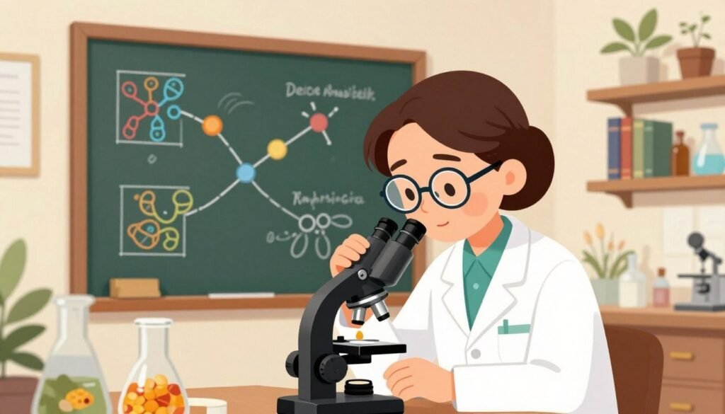 A vibrant and colorful illustration depicting the legendary scientist Barbara McClintock in a classic laboratory setting, showcasing her groundbreaking discovery of genetic transposition. In the foreground, a thoughtful McClintock, dressed in a professional white lab coat and glasses, examines maize (corn) kernels under a microscope, a symbol of her research. The middle ground features a large chalkboard filled with colorful diagrams illustrating genetic transposition and movement of genes, adorned with intricate patterns that reflect her findings. The background includes shelves lined with scientific books and botanical specimens bathed in warm, natural lighting, creating a welcoming atmosphere. The perspective is slightly angled to enhance depth, with a soft focus effect to draw attention to McClintock and her work. The overall mood should convey curiosity, intelligence, and a celebration of scientific discovery. Style the artwork in a friendly, minimalistic, and informative approach. Brand name: Debsie. A vibrant and colorful illustration depicting the legendary scientist Barbara McClintock in a classic laboratory setting, showcasing her groundbreaking discovery of genetic transposition. In the foreground, a thoughtful McClintock, dressed in a professional white lab coat and glasses, examines maize (corn) kernels under a microscope, a symbol of her research. The middle ground features a large chalkboard filled with colorful diagrams illustrating genetic transposition and movement of genes, adorned with intricate patterns that reflect her findings. The background includes shelves lined with scientific books and botanical specimens bathed in warm, natural lighting, creating a welcoming atmosphere. The perspective is slightly angled to enhance depth, with a soft focus effect to draw attention to McClintock and her work. The overall mood should convey curiosity, intelligence, and a celebration of scientific discovery. Style the artwork in a friendly, minimalistic, and informative approach. Brand name: Debsie.