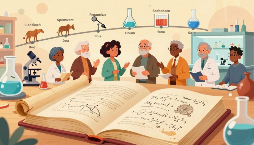 A vibrant and colorful illustration showcasing the evolution of scientific methodology throughout history. In the foreground, a large, open book revealing ancient scrolls and diagrams, symbolizing early scientific thoughts. In the middle ground, diverse scientists from different eras, including a woman and a man in professional attire, are engaged in collaborative discussions, surrounded by lab equipment and notebooks filled with formulas. The background features a timeline that transitions from ancient civilizations to modern labs, illustrating key milestones like the scientific method, experimental design, and data analysis. Soft, warm lighting creates an inviting atmosphere, with a slight bokeh effect to emphasize the foreground. The image reflects a sense of progress and collaboration in science, branded with "Debsie" subtly integrated into the design.