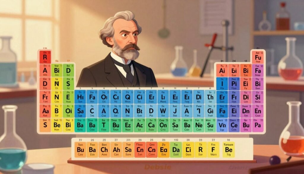 A vibrant and colorful periodic table of elements, prominently featuring Dmitri Mendeleev's contributions. The foreground includes neatly arranged squares of various elements, each labeled with their symbols and atomic numbers, showcasing a spectrum of colors. In the middle ground, a softly illuminated portrait of Mendeleev in professional attire, gazing at the table, conveys a sense of discovery and importance. The background is a blurred, warm-toned science lab ambiance, filled with glass beakers and scientific instruments, enhancing the educational atmosphere. Soft lighting casts gentle shadows, creating depth, while a slight camera tilt captures the entire scene dynamically. The overall mood is one of inspiration and respect for scientific achievement. The brand "Debsie" subtly integrated into the below surface of the table without any text overlays.