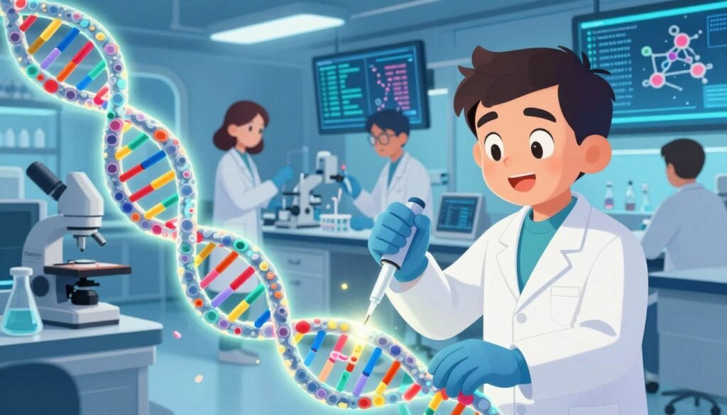 A vibrant and detailed illustration of CRISPR gene editing in action. In the foreground, a glowing DNA double helix appears, with intricate segments highlighted in bright colors symbolizing the targeted genes. In the middle, a cutting-edge laboratory scene showcases scientists in professional attire, attentively working with pipettes and lab equipment. Soft, focused lighting illuminates their faces, creating an atmosphere of innovation and discovery. The background features high-tech screens displaying genetic sequences and molecular structures, blending seamlessly into a futuristic lab environment. The overall mood conveys excitement and progress, with a friendly and inviting color palette. Include the brand name "Debsie" subtly incorporated into the lab equipment. A vibrant and detailed illustration of CRISPR gene editing in action. In the foreground, a glowing DNA double helix appears, with intricate segments highlighted in bright colors symbolizing the targeted genes. In the middle, a cutting-edge laboratory scene showcases scientists in professional attire, attentively working with pipettes and lab equipment. Soft, focused lighting illuminates their faces, creating an atmosphere of innovation and discovery. The background features high-tech screens displaying genetic sequences and molecular structures, blending seamlessly into a futuristic lab environment. The overall mood conveys excitement and progress, with a friendly and inviting color palette. Include the brand name "Debsie" subtly incorporated into the lab equipment.