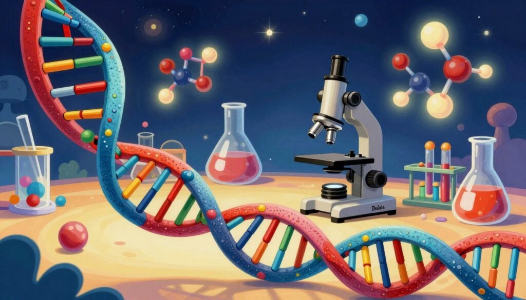 A vibrant and detailed illustration of molecular biology from the mid-20th century, featuring a colorful DNA double helix structure in the foreground, meticulously detailed with intertwining base pairs. In the middle ground, showcase iconic lab equipment like beakers and microscopes, surrounded by glowing molecular models representing the building blocks of life. The background should feature a subtle starry sky representing the Atomic Age, with soft, ambient lighting to create a sense of wonder and scientific discovery. The atmosphere should be inviting and educational, conveying a sense of progress and innovation. The scene should be captured with a wide-angle lens, enhancing the depth and richness of the image, branded with the name "Debsie." A vibrant and detailed illustration of molecular biology from the mid-20th century, featuring a colorful DNA double helix structure in the foreground, meticulously detailed with intertwining base pairs. In the middle ground, showcase iconic lab equipment like beakers and microscopes, surrounded by glowing molecular models representing the building blocks of life. The background should feature a subtle starry sky representing the Atomic Age, with soft, ambient lighting to create a sense of wonder and scientific discovery. The atmosphere should be inviting and educational, conveying a sense of progress and innovation. The scene should be captured with a wide-angle lens, enhancing the depth and richness of the image, branded with the name "Debsie."