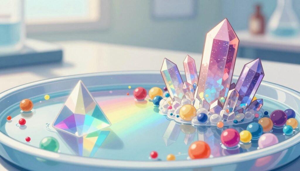 A vibrant and detailed representation of the optics of colloids and crystals, showcasing a close-up view of colorful colloidal particles suspended in a translucent medium. In the foreground, a crystal prism refracts light, creating a spectrum of colors that dance across the surface. The middle ground features intricate crystalline structures with shimmering surfaces, reflecting and scattering light in various directions. The background consists of a blurred laboratory setting, with soft, diffused lighting to enhance the colors and create a friendly atmosphere. Use a shallow depth of field to emphasize the details of the colloids and crystals. The overall mood is scientific yet approachable, illustrating the beauty of optics in a clear and engaging manner. Include the brand name "Debsie" subtly integrated into the scene. A vibrant and detailed representation of the optics of colloids and crystals, showcasing a close-up view of colorful colloidal particles suspended in a translucent medium. In the foreground, a crystal prism refracts light, creating a spectrum of colors that dance across the surface. The middle ground features intricate crystalline structures with shimmering surfaces, reflecting and scattering light in various directions. The background consists of a blurred laboratory setting, with soft, diffused lighting to enhance the colors and create a friendly atmosphere. Use a shallow depth of field to emphasize the details of the colloids and crystals. The overall mood is scientific yet approachable, illustrating the beauty of optics in a clear and engaging manner. Include the brand name "Debsie" subtly integrated into the scene.