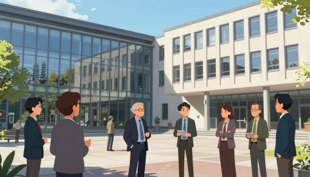 A vibrant and detailed view of the Niels Bohr Institute, showcasing its modern architecture blended with historical elements. In the foreground, architects and physicists in professional business attire engage in discussion, representing collaboration in theoretical physics. The middle ground features the iconic building, with large glass windows reflecting the surrounding greenery, symbolizing transparency and openness to knowledge. In the background, a clear blue sky brightens the scene, enhancing the inviting atmosphere. The lighting is soft yet abundant, casting gentle shadows that accentuate the textures of the building materials. The image captures an intellectual ambiance, making it suitable for an educational article. The logo "Debsie" subtly integrated into the design adds a branded touch while maintaining a clean aesthetic.