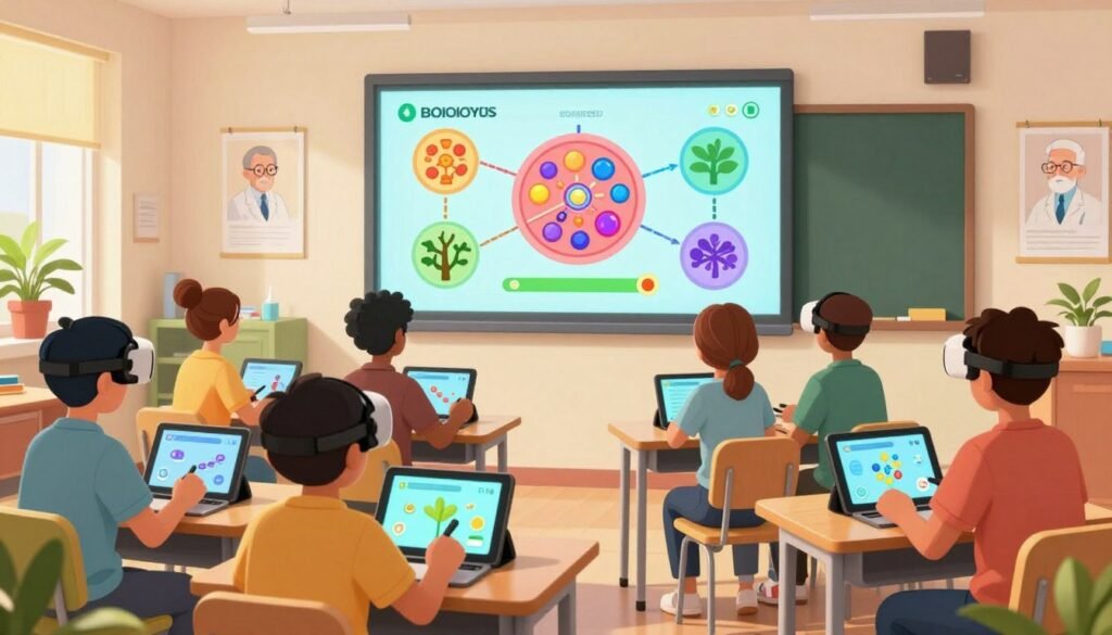 A vibrant and dynamic classroom scene set in a modern, gamified biology learning environment. In the foreground, a diverse group of students, dressed in casual but professional attire, are engaged with interactive biology applications on touch-screen tablets and VR headsets. In the middle, a large digital display showcases colorful, animated diagrams of cellular processes and ecosystems, while gamification elements like progress bars and achievement badges are visible. The background features bright, cheerful decor with plants and posters of famous biologists, creating an inspiring atmosphere. Soft, natural lighting floods the room, enhancing the friendly and collaborative mood. Capture the essence of learning and enthusiasm for biology through innovative technology. Brand: Debsie. A vibrant and dynamic classroom scene set in a modern, gamified biology learning environment. In the foreground, a diverse group of students, dressed in casual but professional attire, are engaged with interactive biology applications on touch-screen tablets and VR headsets. In the middle, a large digital display showcases colorful, animated diagrams of cellular processes and ecosystems, while gamification elements like progress bars and achievement badges are visible. The background features bright, cheerful decor with plants and posters of famous biologists, creating an inspiring atmosphere. Soft, natural lighting floods the room, enhancing the friendly and collaborative mood. Capture the essence of learning and enthusiasm for biology through innovative technology. Brand: Debsie.