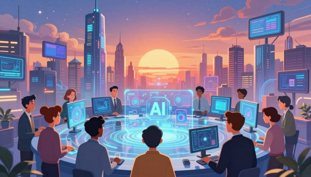 A vibrant and dynamic depiction of the digital revolution, featuring a futuristic cityscape filled with glowing skyscrapers, digital billboards, and flowing data streams. In the foreground, diverse computer science pioneers, dressed in professional business attire, are collaborating around a holographic interface showcasing innovative technologies like AI, blockchain, and quantum computing. The middle ground features a network of interconnected devices, symbolizing the flow of information. The background is a luminous sunset casting a warm glow over the city, with a starry sky emerging, representing endless possibilities. Use soft lighting with a wide-angle lens to highlight the energy and collaboration of the moment. The overall mood is optimistic and inspiring, capturing the spirit of invention and progress in the digital age. Designed by Debsie. A vibrant and dynamic depiction of the digital revolution, featuring a futuristic cityscape filled with glowing skyscrapers, digital billboards, and flowing data streams. In the foreground, diverse computer science pioneers, dressed in professional business attire, are collaborating around a holographic interface showcasing innovative technologies like AI, blockchain, and quantum computing. The middle ground features a network of interconnected devices, symbolizing the flow of information. The background is a luminous sunset casting a warm glow over the city, with a starry sky emerging, representing endless possibilities. Use soft lighting with a wide-angle lens to highlight the energy and collaboration of the moment. The overall mood is optimistic and inspiring, capturing the spirit of invention and progress in the digital age. Designed by Debsie.