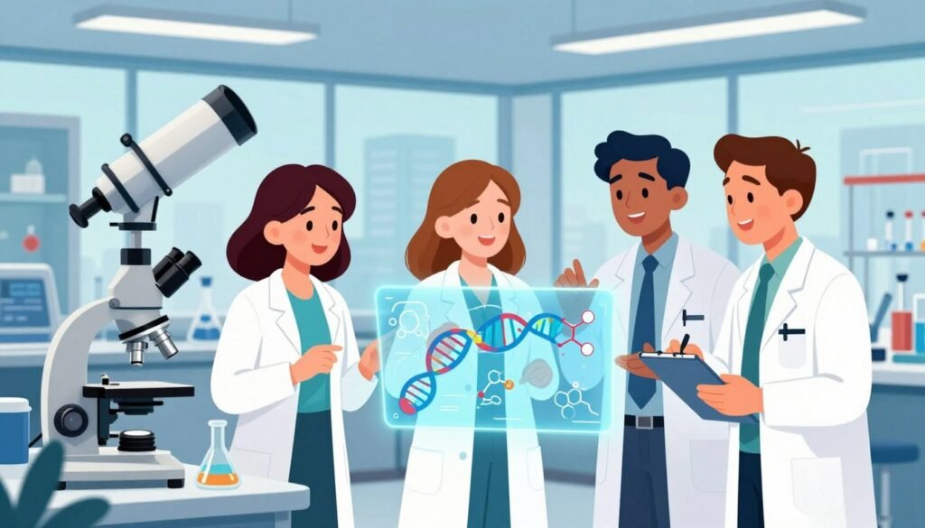 A vibrant and dynamic illustration showcasing significant scientific breakthroughs. In the foreground, a diverse group of three scientists in professional business attire—one woman and two men—are engaged in a lively discussion over a holographic display of DNA strands and chemical structures. The middle ground features iconic scientific instruments such as a microscope, telescope, and lab equipment, symbolizing various disciplines. In the background, a brightly lit laboratory with large windows revealing a cityscape, representing innovation and progress. The lighting is bright and inviting, creating a sense of discovery and collaboration. The overall mood is inspirational and optimistic, perfect for highlighting the importance of scientific inquiry. The image is created by Debsie with a clean, colorful style, avoiding any text or markings.