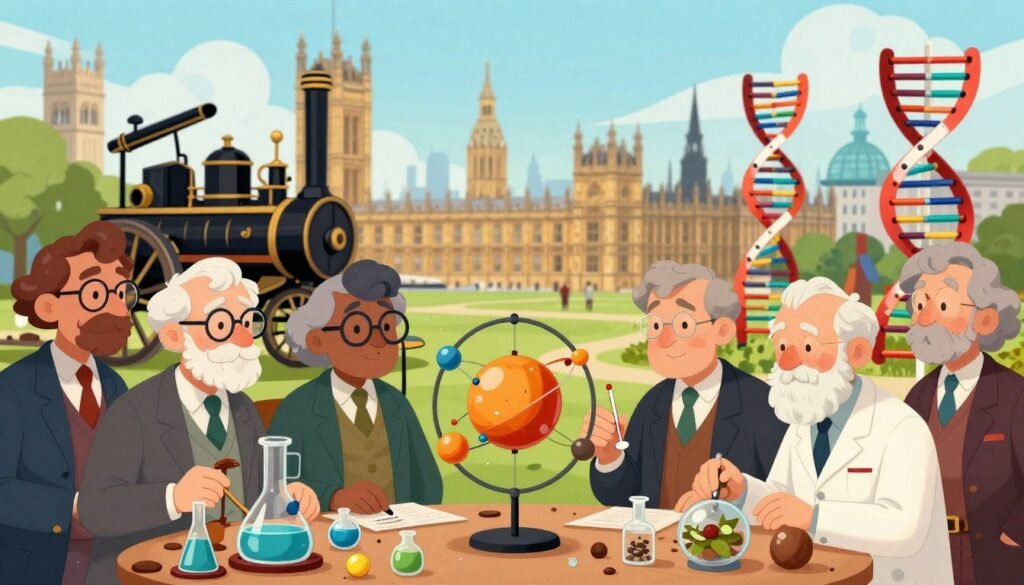 A vibrant and dynamic scene depicting British innovation through the ages. In the foreground, a diverse group of renowned British scientists in professional attire, including a chemist with lab equipment, a physicist with a model of the solar system, and a biologist analyzing specimens, all engaged in collaboration. The middle ground showcases iconic inventions like the steam engine and DNA model, symbolizing the evolution of scientific thought. The background features a skyline of historical British landmarks, blending the past with the future. Soft, natural lighting enhances the atmosphere of discovery and creativity, with a slightly upward angle to convey inspiration. The colors are rich and welcoming, embodying the spirit of innovation. Include the Debsie brand subtly in one corner, ensuring a professional and cohesive aesthetic. A vibrant and dynamic scene depicting British innovation through the ages. In the foreground, a diverse group of renowned British scientists in professional attire, including a chemist with lab equipment, a physicist with a model of the solar system, and a biologist analyzing specimens, all engaged in collaboration. The middle ground showcases iconic inventions like the steam engine and DNA model, symbolizing the evolution of scientific thought. The background features a skyline of historical British landmarks, blending the past with the future. Soft, natural lighting enhances the atmosphere of discovery and creativity, with a slightly upward angle to convey inspiration. The colors are rich and welcoming, embodying the spirit of innovation. Include the Debsie brand subtly in one corner, ensuring a professional and cohesive aesthetic.