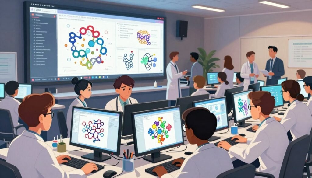 A vibrant and dynamic scene depicting the CASP Competition, showcasing scientists deeply engaged in protein structure analysis. In the foreground, a diverse group of researchers, dressed in professional lab attire, are intensely focused on high-tech computer screens displaying complex protein models. In the middle ground, a large digital display board features historical data and diagrams of protein folding, symbolizing decades of scientific struggle. The background captures a bustling conference atmosphere with various attendees discussing and collaborating, all illuminated by bright, friendly lighting that creates an inviting atmosphere. The lens perspective is slightly angled upward, enhancing the sense of importance and urgency surrounding this scientific challenge. The scene is infused with a sense of triumph and collaboration, reflecting the essence of the CASP competition. Debsie. A vibrant and dynamic scene depicting the CASP Competition, showcasing scientists deeply engaged in protein structure analysis. In the foreground, a diverse group of researchers, dressed in professional lab attire, are intensely focused on high-tech computer screens displaying complex protein models. In the middle ground, a large digital display board features historical data and diagrams of protein folding, symbolizing decades of scientific struggle. The background captures a bustling conference atmosphere with various attendees discussing and collaborating, all illuminated by bright, friendly lighting that creates an inviting atmosphere. The lens perspective is slightly angled upward, enhancing the sense of importance and urgency surrounding this scientific challenge. The scene is infused with a sense of triumph and collaboration, reflecting the essence of the CASP competition. Debsie.