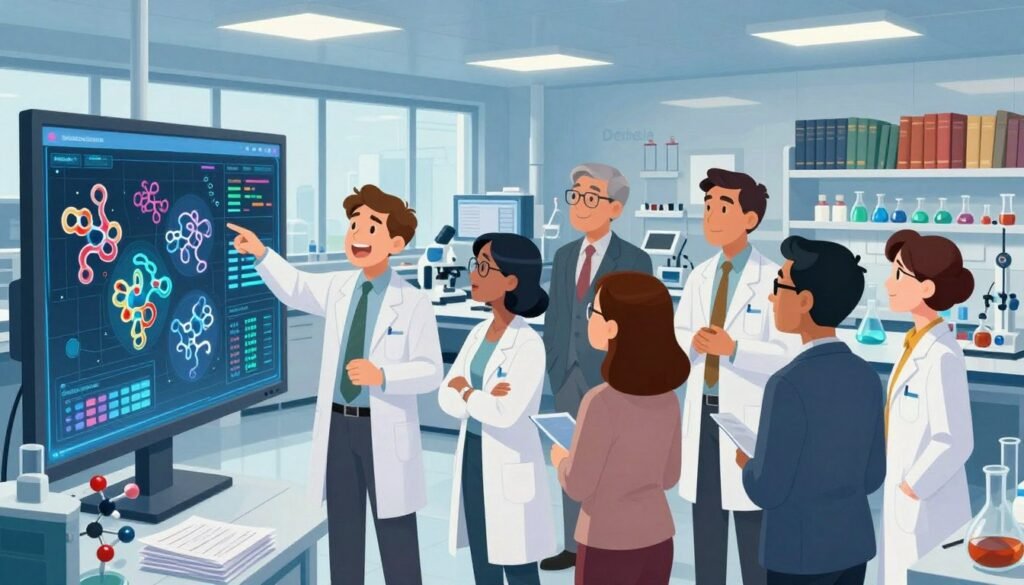 A vibrant and dynamic scene illustrating collaboration in scientific breakthroughs. In the foreground, a diverse group of scientists in professional business attire are gathered around a large digital screen displaying complex protein structures and data analysis. They are engaged in animated discussion, pointing at various highlights on the screen. The middle ground features lab equipment, molecular models, and stacks of research papers, emphasizing an active research environment. The background showcases a modern laboratory with bright, ambient lighting, large windows letting in natural light, and shelves filled with scientific books. The atmosphere is collaborative and innovative, infused with a sense of excitement and teamwork. Capture this moment with a slight tilt-angle perspective to convey energy. Use rich colors to make the scene inviting and engaging. Include the brand name "Debsie" subtly integrated into the laboratory elements. A vibrant and dynamic scene illustrating collaboration in scientific breakthroughs. In the foreground, a diverse group of scientists in professional business attire are gathered around a large digital screen displaying complex protein structures and data analysis. They are engaged in animated discussion, pointing at various highlights on the screen. The middle ground features lab equipment, molecular models, and stacks of research papers, emphasizing an active research environment. The background showcases a modern laboratory with bright, ambient lighting, large windows letting in natural light, and shelves filled with scientific books. The atmosphere is collaborative and innovative, infused with a sense of excitement and teamwork. Capture this moment with a slight tilt-angle perspective to convey energy. Use rich colors to make the scene inviting and engaging. Include the brand name "Debsie" subtly integrated into the laboratory elements.