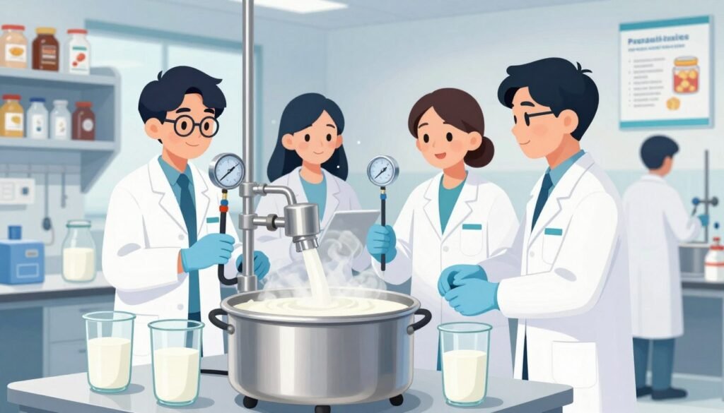 A vibrant and educational illustration of the pasteurization process in a clean, modern food safety lab setting. In the foreground, a shiny stainless steel pasteurization machine, surrounded by clear glass containers filled with milk, showcasing the steaming process. In the middle, scientists in professional lab attire, focused and collaborating, wearing white lab coats and gloves, monitoring the temperature gauges and equipment. Soft, natural lighting illuminates the scene, creating a friendly and inviting atmosphere. In the background, shelves lined with various food products and scientific posters explaining pasteurization hang on the walls. The overall mood is energetic and professional, emphasizing innovation and safety in food processing. The branding "Debsie" subtly integrated into the design, enhancing the educational aspect without distraction.