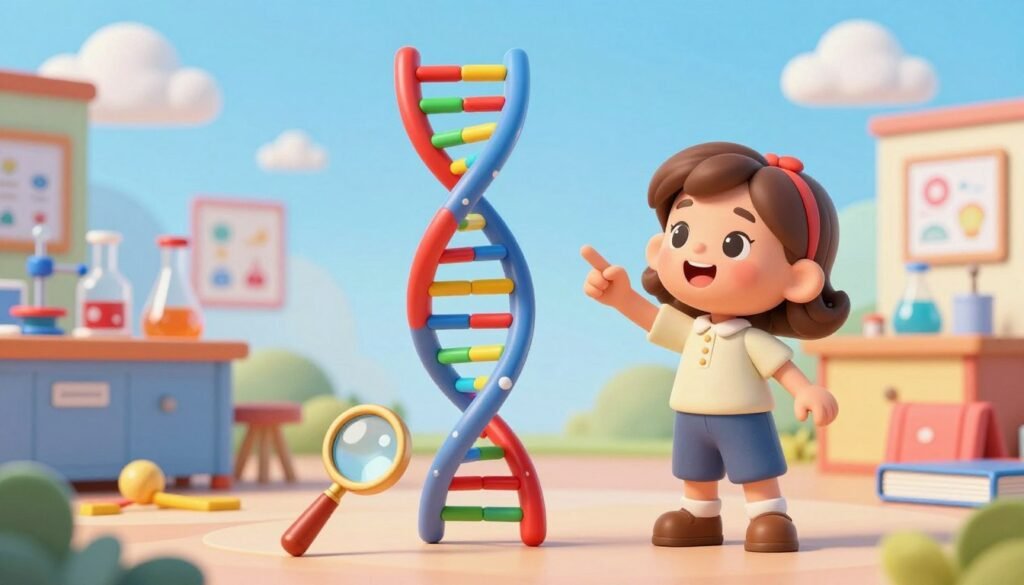 A vibrant and engaging DNA model designed for kids, showcasing a colorful double helix structure with large, friendly nucleotide base pairs in bright colors like red, blue, yellow, and green. In the foreground, depict a cartoonish, smiling representation of Rosalind Franklin, wearing modest casual clothing, excitedly pointing at the DNA model while surrounded by oversized, educational tools like magnifying glasses and books. The middle ground features a colorful laboratory setting with playful lab equipment and scientific posters on the walls, emphasizing a fun learning atmosphere. The background displays cheerful, cartoonish clouds and a bright blue sky. Soft, bright lighting creates a welcoming and friendly mood, perfect for inspiring young minds about the wonders of DNA. This image embodies the brand "Debsie," promoting education and curiosity in science for children.