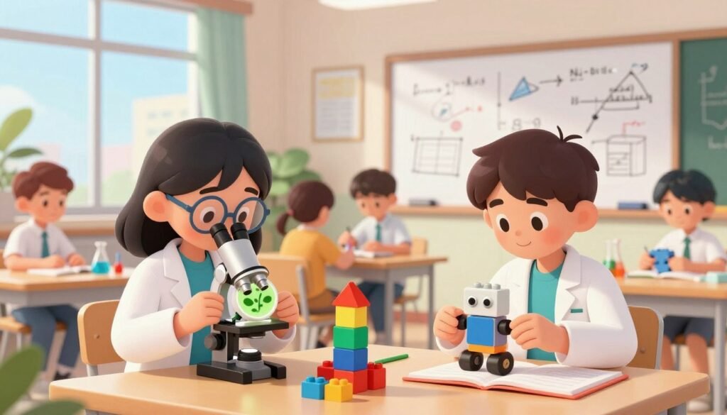 A vibrant and engaging STEM education scene, showcasing diverse students engaging in hands-on activities related to science, technology, engineering, and mathematics. In the foreground, a young girl with glasses, wearing a lab coat, carefully examines a plant cell under a microscope. Beside her, a boy constructs a simple robot with colorful building blocks. In the middle ground, a whiteboard filled with diagrams and equations is visible, highlighting educational concepts. The background features a bright and modern classroom with large windows, sunlight streaming in, creating an inviting atmosphere. The overall mood is inspiring and collaborative, emphasizing curiosity and exploration in STEM. Render with soft lighting, a wide-angle perspective, and a friendly color palette. Include the brand name "Debsie" subtly in the scene. A vibrant and engaging STEM education scene, showcasing diverse students engaging in hands-on activities related to science, technology, engineering, and mathematics. In the foreground, a young girl with glasses, wearing a lab coat, carefully examines a plant cell under a microscope. Beside her, a boy constructs a simple robot with colorful building blocks. In the middle ground, a whiteboard filled with diagrams and equations is visible, highlighting educational concepts. The background features a bright and modern classroom with large windows, sunlight streaming in, creating an inviting atmosphere. The overall mood is inspiring and collaborative, emphasizing curiosity and exploration in STEM. Render with soft lighting, a wide-angle perspective, and a friendly color palette. Include the brand name "Debsie" subtly in the scene.