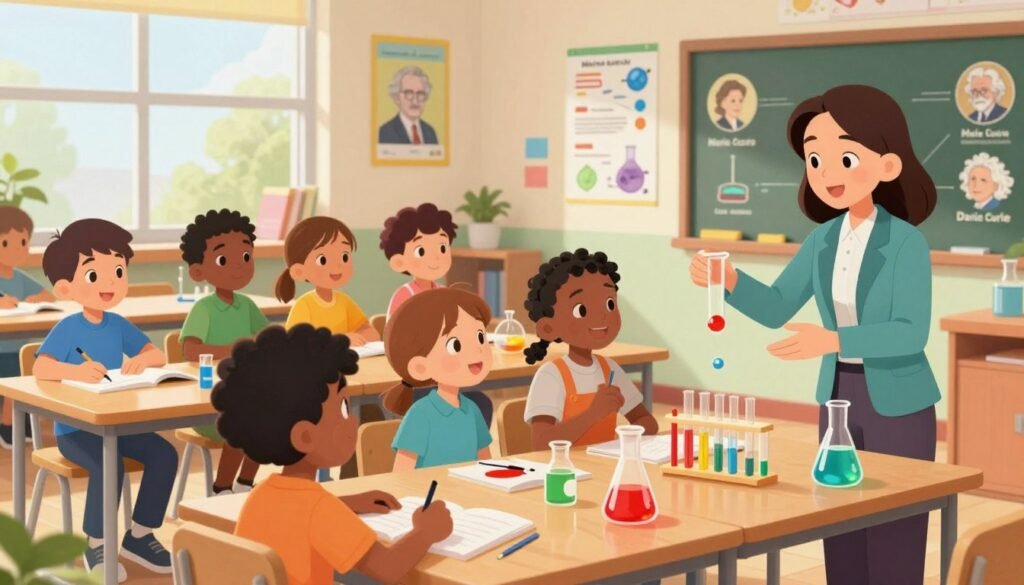 A vibrant and engaging classroom filled with children of diverse backgrounds actively participating in a hands-on science experiment. In the foreground, a cheerful teacher, dressed in professional attire, is demonstrating a simple chemical reaction with safe, colorful materials. The middle ground features curious children engaged in discussions and taking notes, showcasing their enthusiasm for learning. In the background, colorful educational posters and scientific diagrams on the walls highlight famous scientists like Marie Curie and Albert Einstein, emphasizing accessibility in science education. The scene is well-lit with soft, natural light coming through the windows, creating a warm and inviting atmosphere. The overall mood is positive, encouraging, and inspiring. Include the brand name "Debsie" subtly in the classroom design to promote a sense of community in science learning.