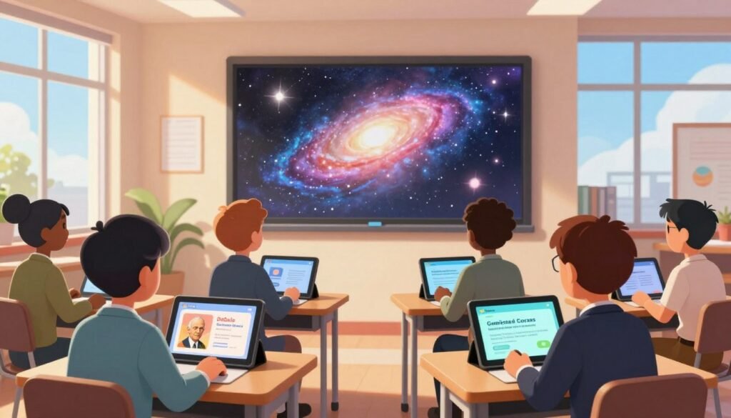 A vibrant and engaging classroom scene centered around "Debsie Gamified Courses." In the foreground, a diverse group of students, dressed in professional business attire, enthusiastically engage with interactive tablets displaying colorful educational content about Edwin Hubble's discoveries. In the middle ground, a large screen shows a captivating cosmic landscape, filled with stars and galaxies, emphasizing the vastness of the universe. Soft, warm lighting illuminates the room, creating a welcoming atmosphere, while large windows in the background reveal a clear blue sky, symbolizing exploration and advancement. The overall mood is friendly, motivating, and focused on enhancing scientific understanding through innovative gamified learning experiences. A vibrant and engaging classroom scene centered around "Debsie Gamified Courses." In the foreground, a diverse group of students, dressed in professional business attire, enthusiastically engage with interactive tablets displaying colorful educational content about Edwin Hubble's discoveries. In the middle ground, a large screen shows a captivating cosmic landscape, filled with stars and galaxies, emphasizing the vastness of the universe. Soft, warm lighting illuminates the room, creating a welcoming atmosphere, while large windows in the background reveal a clear blue sky, symbolizing exploration and advancement. The overall mood is friendly, motivating, and focused on enhancing scientific understanding through innovative gamified learning experiences.