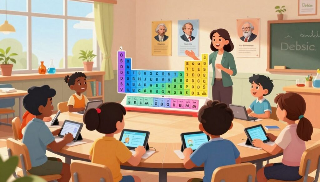 A vibrant and engaging classroom scene depicting gamified learning about scientific concepts. In the foreground, a diverse group of children, dressed in casual, professional attire, are gathered around interactive educational tools like digital tablets and a colorful, oversized periodic table. In the middle, a teacher enthusiastically explains a concept using visual aids, surrounded by posters of famous scientists, including Louis Pasteur. The background showcases a bright and welcoming classroom with large windows allowing natural light to flood in, plants for a touch of nature, and shelves filled with science books. The atmosphere is lively and inspiring, encouraging collaboration and curiosity in an educational environment. The whole image is infused with warm colors and a sense of fun and exploration, incorporating the brand name "Debsie."