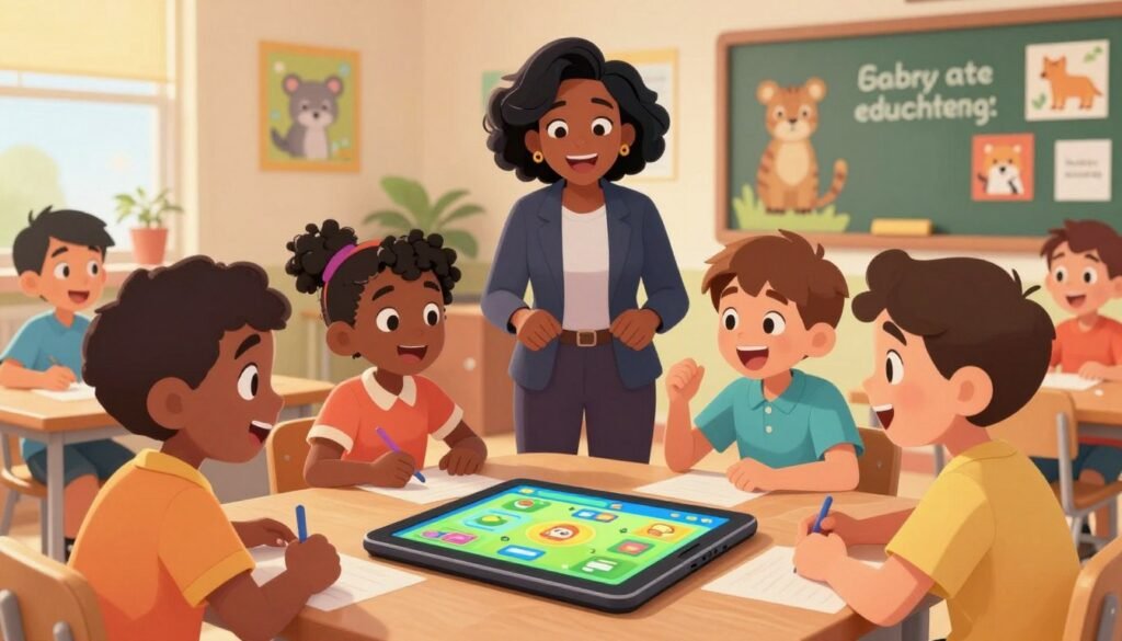 A vibrant and engaging classroom scene illustrating gamified education, centered around a diverse group of students, including a Black girl and a Hispanic boy, actively participating in a fun, interactive learning game. In the foreground, the students are gathered around a colorful digital tablet displaying educational game elements, their expressions showing excitement and curiosity. The middle ground features a teacher, a middle-aged Black woman in professional attire, guiding the students with enthusiasm. The background includes bright posters of animal facts and positive messages promoting learning. Soft, warm lighting fills the room, creating a welcoming atmosphere. The overall mood is lively and optimistic, emphasizing collaboration and innovation in education, with the brand name "Debsie" subtly incorporated into the design elements. A vibrant and engaging classroom scene illustrating gamified education, centered around a diverse group of students, including a Black girl and a Hispanic boy, actively participating in a fun, interactive learning game. In the foreground, the students are gathered around a colorful digital tablet displaying educational game elements, their expressions showing excitement and curiosity. The middle ground features a teacher, a middle-aged Black woman in professional attire, guiding the students with enthusiasm. The background includes bright posters of animal facts and positive messages promoting learning. Soft, warm lighting fills the room, creating a welcoming atmosphere. The overall mood is lively and optimistic, emphasizing collaboration and innovation in education, with the brand name "Debsie" subtly incorporated into the design elements.