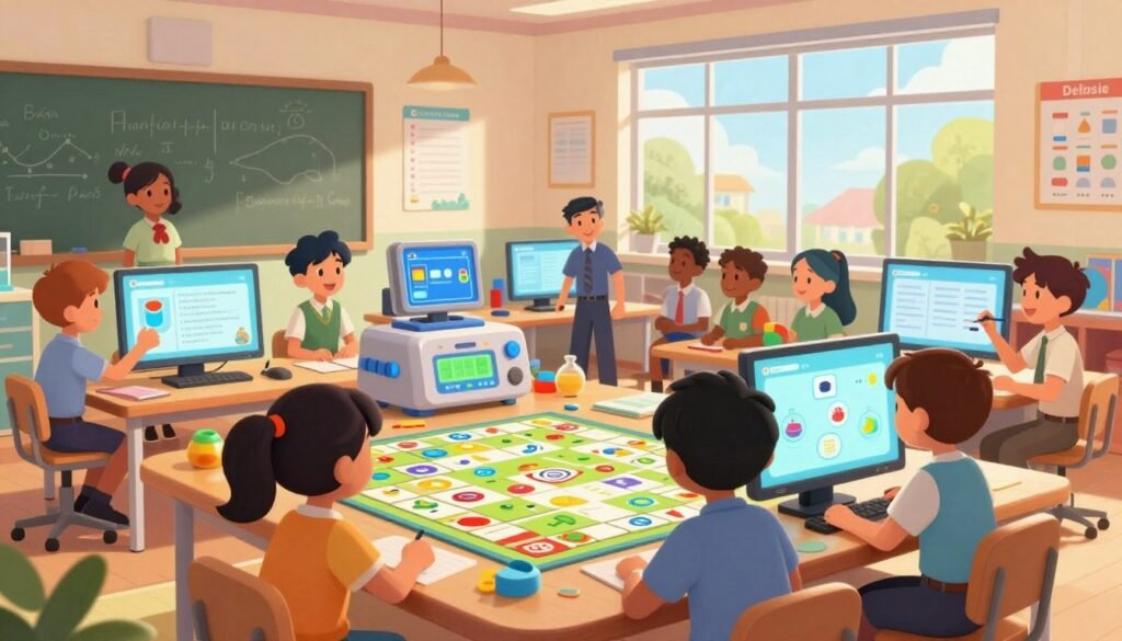 A vibrant and engaging classroom scene showcasing gamified learning experiences. In the foreground, a diverse group of students, dressed in professional attire, are joyfully interacting with interactive digital displays and educational board games that visibly incorporate scientific concepts. In the middle ground, bright educational materials and interactive tools are designed with a futuristic aesthetic, fostering collaboration and creativity. The background features colorful educational posters and a large window showing a sunny day outside, enhancing the optimistic atmosphere. Soft, warm lighting floods the room, creating a friendly and inviting environment. The overall mood is inspiring, emphasizing the fusion of education and play in cultivating aspiring scientific minds. The branding "Debsie" subtly integrated into the classroom decor enhances the focus on innovative educational pathways. A vibrant and engaging classroom scene showcasing gamified learning experiences. In the foreground, a diverse group of students, dressed in professional attire, are joyfully interacting with interactive digital displays and educational board games that visibly incorporate scientific concepts. In the middle ground, bright educational materials and interactive tools are designed with a futuristic aesthetic, fostering collaboration and creativity. The background features colorful educational posters and a large window showing a sunny day outside, enhancing the optimistic atmosphere. Soft, warm lighting floods the room, creating a friendly and inviting environment. The overall mood is inspiring, emphasizing the fusion of education and play in cultivating aspiring scientific minds. The branding "Debsie" subtly integrated into the classroom decor enhances the focus on innovative educational pathways.
