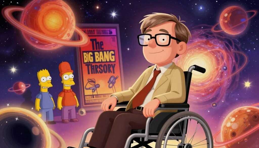 A vibrant and engaging depiction of Stephen Hawking in a popular culture context. In the foreground, show a stylized, cartoon-like representation of Hawking in his iconic wheelchair, surrounded by colorful depictions of black holes and stars, capturing his essence as a cosmologist. In the middle ground, include artistic renditions of famous pop culture references, such as a movie poster-style background featuring elements from “The Big Bang Theory” and “The Simpsons,” highlighting his influence on modern media. The background should feature a dreamy cosmos with swirling galaxies and bright nebulae, creating a captivating atmosphere. Use warm lighting to enhance the joyful and inspirational mood. Shot from a slightly low angle to evoke a sense of wonder. The scene should be colorful, friendly, and minimal, with no text or markings. Brand name: Debsie.