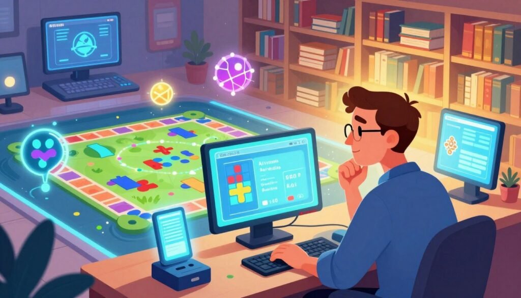 A vibrant and engaging digital illustration symbolizing Alan Turing's contributions to gaming and computational learning. In the foreground, a thoughtful figure representing Alan Turing sits at a sleek, modern computer, surrounded by glowing game-like interfaces displaying algorithms and puzzles. The middle ground features stylized, colorful elements like interconnected neural networks and abstract game boards, emphasizing a gamified learning environment. In the background, a futuristic library filled with books on computer science and AI glows with warm lighting, creating an inviting atmosphere. The scene should be bright and optimistic, reflecting innovation and creativity, captured from a slightly elevated angle as if looking down. The brand name "Debsie" subtly integrated into the design without dominating the image.