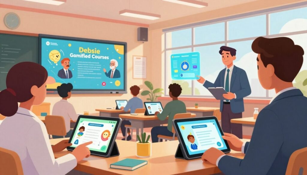 A vibrant and engaging educational setting featuring a digital classroom with colorful, gamified elements representing "Debsie Gamified Courses." In the foreground, depict a diverse group of professional individuals, including a female scientist and a male teacher, both dressed in smart business attire, actively interacting with digital tablets that display interactive course modules. In the middle ground, showcase animated visuals of Nobel Prize-winning scientists, offering inspiration through holographic representations of their groundbreaking discoveries. The background should exhibit a bright, modern classroom with large windows illuminating the space with warm natural light. Use a slight low-angle perspective to create depth and focus on the dynamic interactions happening in the foreground. The overall atmosphere should be upbeat, educational, and inviting, encouraging a sense of exploration and learning.