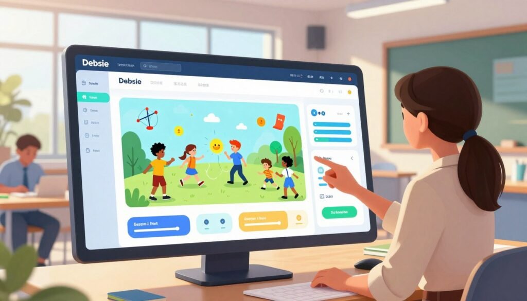 A vibrant and engaging gamified learning platform scene featuring a sleek, modern interface on a computer screen. In the foreground, a professional woman in smart casual attire interacts with the platform, showcasing animated science-themed graphics illustrating concepts like physics and biology. The middle ground includes diverse avatars representing students collaborating and competing in various educational games. The background shows a futuristic classroom with large windows letting in warm, natural sunlight, creating an inviting atmosphere. Colorful charts and progress bars pop up on the screen, enhancing the sense of achievement. The overall mood is uplifting and interactive, embodying the essence of learning through play, with the brand name "Debsie" prominently displayed on the interface.