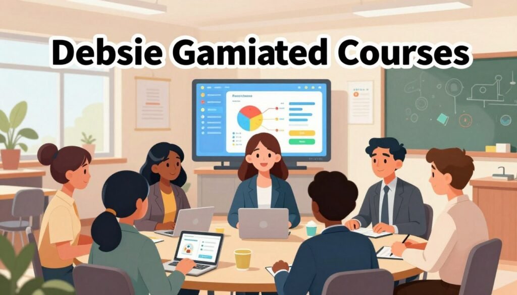 A vibrant and engaging illustration depicting “Debsie Gamified Courses” focused on science and education. In the foreground, a diverse group of professional individuals, including Midori Goto, are actively engaged in a collaborative learning environment, dressed in smart business attire. In the middle ground, interactive technology displays showcase gamified learning tools, such as colorful charts and digital interfaces, blending elements of science and education. The background features a modern classroom setting with large windows allowing natural light to fill the space, creating a warm and inviting atmosphere. The overall mood is inspiring and dynamic, emphasizing collaboration and innovation in learning. Use bright, friendly colors to convey a sense of enthusiasm and possibility. The composition should balance clarity and creativity without any text or watermarks.