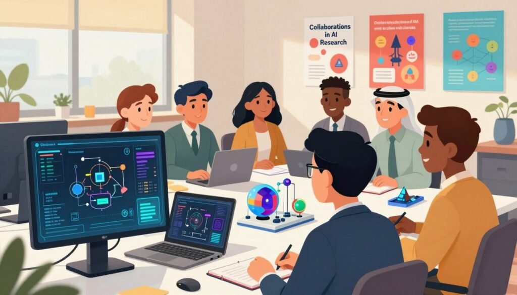 A vibrant and engaging illustration of "Collaborations in AI Research," showcasing diverse researchers from different backgrounds engaged in a lively brainstorming session. In the foreground, depict two researchers in professional business attire—one of Asian descent and the other Black—observing a digital screen displaying complex algorithms and data visualizations. In the middle ground, a group of three colleagues from various ethnic backgrounds, including a Hispanic woman and a Middle-Eastern man, collaborate around a table filled with laptops, notebooks, and AI models. The background features a bright, modern office environment with colorful posters of AI breakthroughs and technology. Soft, warm lighting creates an inviting atmosphere, while a slightly elevated angle gives depth to the composition. Overall, the scene should embody a collaborative spirit, inspiring innovation and unity within the field, while the brand "Debsie" subtly adorns the digital display.