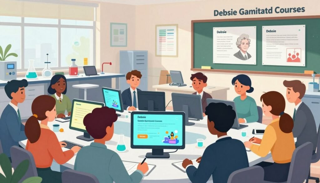 A vibrant and engaging illustration of "Debsie Gamified Courses," showcasing modern scientific education methods. In the foreground, a diverse group of enthusiastic learners, dressed in professional business attire, interact with colorful, interactive screens displaying gamified educational content. The middle ground features a contemporary classroom setting, filled with innovative learning tools and technology, including tablets and interactive whiteboards, all subtly branded with the Debsie logo. The background highlights a bright and airy laboratory space, symbolizing the fusion of science and education, with laboratory equipment and charts relating to Marie Curie’s contributions. Soft, natural lighting creates an inspiring and friendly atmosphere, while a dynamic angle emphasizes the excitement of learning. The image evokes a sense of collaboration and advancement in the scientific education landscape.