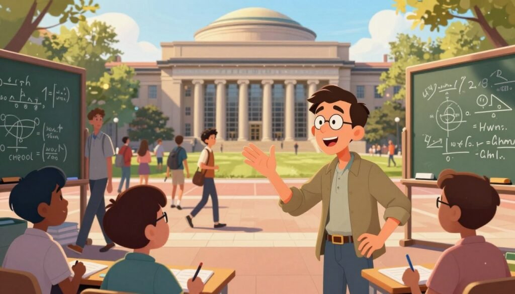 A vibrant and engaging illustration of Richard Feynman's academic journey, set against the iconic architecture of MIT and Princeton University. In the foreground, a young Feynman is depicted in modest casual clothing, animatedly engaging with fellow students during a lively discussion about physics principles. The middle layer captures the dynamic atmosphere of a bustling campus, with students walking by and classrooms filled with chalkboards covered in complex equations. In the background, iconic university buildings are bathed in warm sunlight, reflecting a sense of inspiration and curiosity. The composition uses a soft-focus lens effect to enhance the warmth of the scene, creating an uplifting mood that highlights the joy of learning. The color palette is rich and inviting, designed to stimulate a sense of wonder and creativity. Artwork by Debsie.
