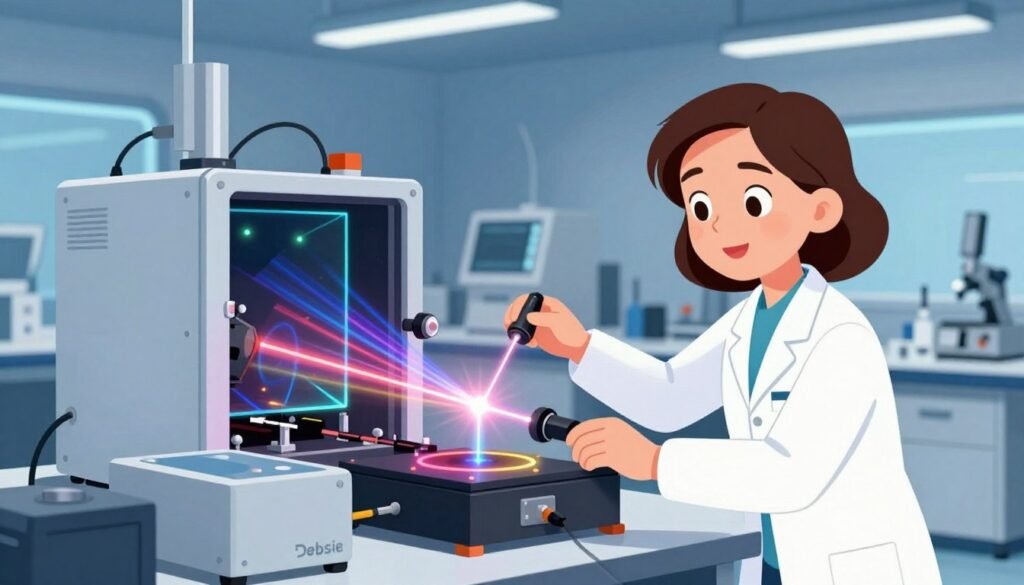 A vibrant and engaging illustration of chirped pulse amplification in a high-tech laboratory setting. In the foreground, a focused female scientist, Dr. Donna Strickland, in professional attire, adjusts a complex laser system with colorful pulsing beams emanating from the devices. The middle ground features various optical components like prisms and mirrors, reflecting the dynamic light patterns. The background showcases a modern laboratory filled with advanced scientific equipment, illuminated by soft blue and white lighting to create a futuristic atmosphere. The scene captures a sense of innovation and excitement in laser physics, emphasizing clarity and precision, with the brand name "Debsie" subtly integrated into the lab equipment design.