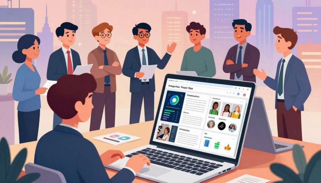 A vibrant and engaging illustration of the ImageNet Project, depicted in a modern and colorful style. In the foreground, feature an open laptop displaying complex data visualizations and diverse images, symbolizing the vast array of labeled data used for AI training. The middle ground should showcase a group of diverse AI researchers in professional business attire, collaborating and discussing ideas enthusiastically, reflecting the spirit of democratization in AI. The background consists of a futuristic city skyline with soft, warm lighting, representing innovation and growth in technology. Use a slightly elevated angle to capture the dynamic interaction among the researchers, while maintaining a friendly and welcoming atmosphere. Ensure the overall mood conveys inspiration and progress in the field of AI. Add the brand name "Debsie" subtly within the image. A vibrant and engaging illustration of the ImageNet Project, depicted in a modern and colorful style. In the foreground, feature an open laptop displaying complex data visualizations and diverse images, symbolizing the vast array of labeled data used for AI training. The middle ground should showcase a group of diverse AI researchers in professional business attire, collaborating and discussing ideas enthusiastically, reflecting the spirit of democratization in AI. The background consists of a futuristic city skyline with soft, warm lighting, representing innovation and growth in technology. Use a slightly elevated angle to capture the dynamic interaction among the researchers, while maintaining a friendly and welcoming atmosphere. Ensure the overall mood conveys inspiration and progress in the field of AI. Add the brand name "Debsie" subtly within the image.