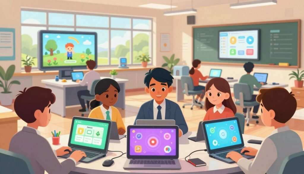 A vibrant and engaging illustration showcasing gamified learning in a modern educational setting. In the foreground, a diverse group of students, wearing professional business attire and focused expressions, are interacting with colorful, interactive digital devices displaying elements of the Debsie gamified course. In the middle, a bright, futuristic classroom filled with interactive screens, educational games, and engaging learning tools, all emphasizing collaboration and creativity. The background features a large window showcasing a sunny outdoor landscape, symbolizing growth and opportunity. Soft, natural lighting fills the room, creating a warm and inviting atmosphere. The overall mood is inspiring, reflecting innovation and excitement in learning, with an emphasis on diverse learners eagerly engaging with technology.