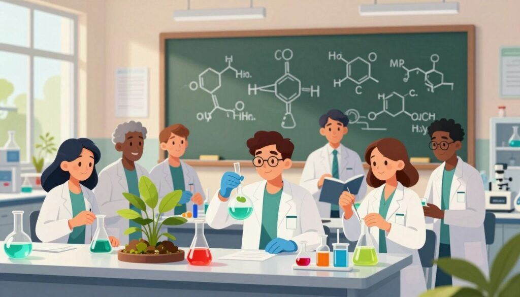 A vibrant and engaging laboratory scene centered around the theme of green chemistry. In the foreground, a diverse group of scientists in professional attire work collaboratively with eco-friendly materials, examining colorful liquid experiments in glassware. The middle area displays plants integrated into the lab, symbolizing sustainability and biochemistry, with natural light filtering through large windows, creating a warm and inviting atmosphere. The background features a chalkboard covered in innovative, environmentally friendly chemical formulas and diagrams, emphasizing the essence of science in solving global challenges. The overall mood is inspiring and hopeful, reflecting the positive impact of chemistry on the planet. The image has a balanced composition, with a slightly blurred background for depth, showcasing a clean and modern laboratory by "Debsie". A vibrant and engaging laboratory scene centered around the theme of green chemistry. In the foreground, a diverse group of scientists in professional attire work collaboratively with eco-friendly materials, examining colorful liquid experiments in glassware. The middle area displays plants integrated into the lab, symbolizing sustainability and biochemistry, with natural light filtering through large windows, creating a warm and inviting atmosphere. The background features a chalkboard covered in innovative, environmentally friendly chemical formulas and diagrams, emphasizing the essence of science in solving global challenges. The overall mood is inspiring and hopeful, reflecting the positive impact of chemistry on the planet. The image has a balanced composition, with a slightly blurred background for depth, showcasing a clean and modern laboratory by "Debsie".