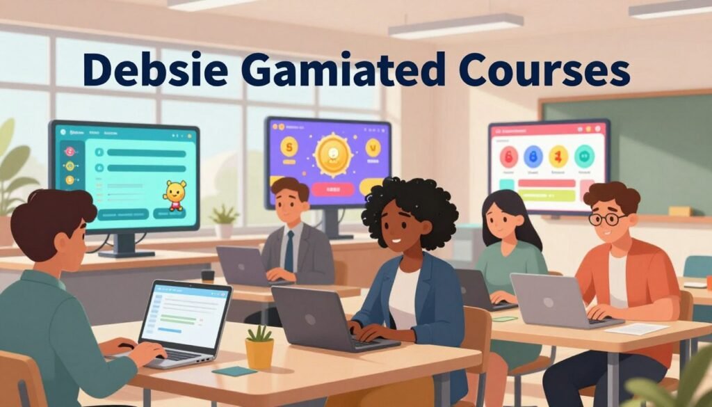 A vibrant and engaging scene depicting "Debsie Gamified Courses" in a modern learning environment. In the foreground, a diverse group of focused individuals engaged in interactive learning; they are dressed in professional business attire or modest casual clothing, using laptops and digital devices. In the middle ground, colorful interfaces of gamified course content, such as progress bars, rewards, and engaging graphics, can be seen on screens. The background features a bright, open classroom with large windows allowing natural light to fill the space, creating a friendly and inviting atmosphere. The overall mood is enthusiastic and inspiring, with a blend of modern technology and collaborative learning. Use soft lighting to enhance the welcoming feel, capturing the essence of professional growth and education through Debsie's innovative approach.