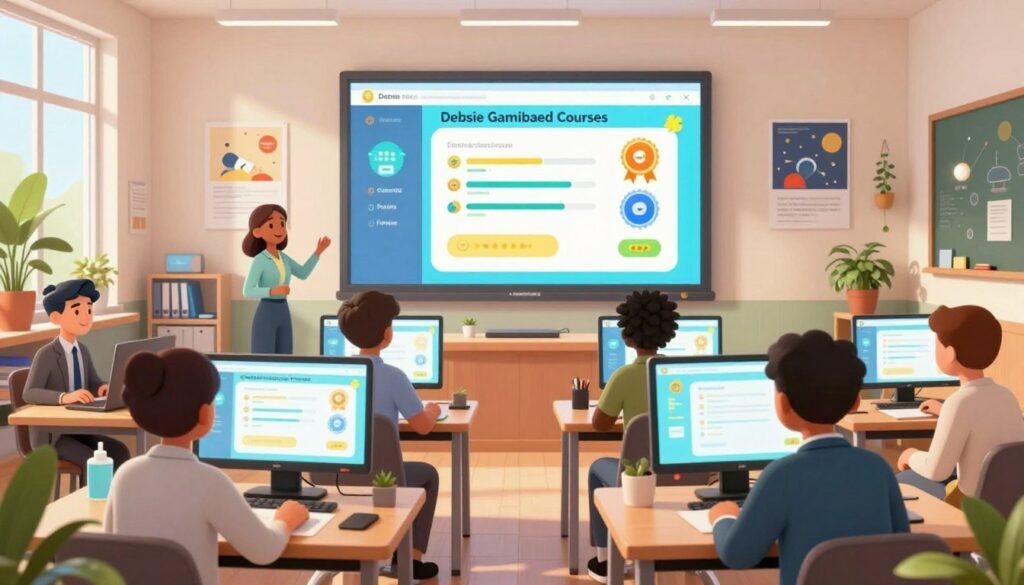 A vibrant and engaging scene depicting a digital classroom environment showcasing "Debsie Gamified Courses." In the foreground, diverse students of various backgrounds, dressed in professional business attire, enthusiastically interact with interactive screens displaying colorful educational content. The middle layer features a large screen showcasing a gamified course interface, with visual elements like badges, progress bars, and playful icons, emphasizing engagement and learning. The background reveals a modern, well-lit classroom filled with plants and inspirational science posters. Soft, natural light streams through large windows, creating a warm and inviting atmosphere. The overall mood is friendly and motivating, encouraging intellectual curiosity and the joy of learning in a modern educational setting.