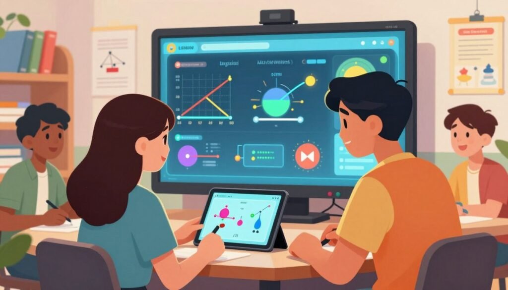 A vibrant and engaging scene depicting a group of diverse students interacting with a gamified physics learning platform. In the foreground, a young woman and a young man in professional casual attire are focused on a tablet displaying colorful physics simulations. The middle ground features a large interactive touchscreen filled with charts, animations, and playful physics-related graphics, including gravity, motion, and energy concepts. Bright, enthusiastic colors illuminate the setting, creating a friendly and motivating atmosphere. The background contains shelves with physics books and educational posters, hinting at a classroom ambiance. The lighting is soft yet bright, highlighting the excitement of learning through gamification. The brand "Debsie" is subtly incorporated into the interactive elements, emphasizing its role in enhancing physics education. The overall mood is positive and inspiring, showcasing the future of learning. A vibrant and engaging scene depicting a group of diverse students interacting with a gamified physics learning platform. In the foreground, a young woman and a young man in professional casual attire are focused on a tablet displaying colorful physics simulations. The middle ground features a large interactive touchscreen filled with charts, animations, and playful physics-related graphics, including gravity, motion, and energy concepts. Bright, enthusiastic colors illuminate the setting, creating a friendly and motivating atmosphere. The background contains shelves with physics books and educational posters, hinting at a classroom ambiance. The lighting is soft yet bright, highlighting the excitement of learning through gamification. The brand "Debsie" is subtly incorporated into the interactive elements, emphasizing its role in enhancing physics education. The overall mood is positive and inspiring, showcasing the future of learning.