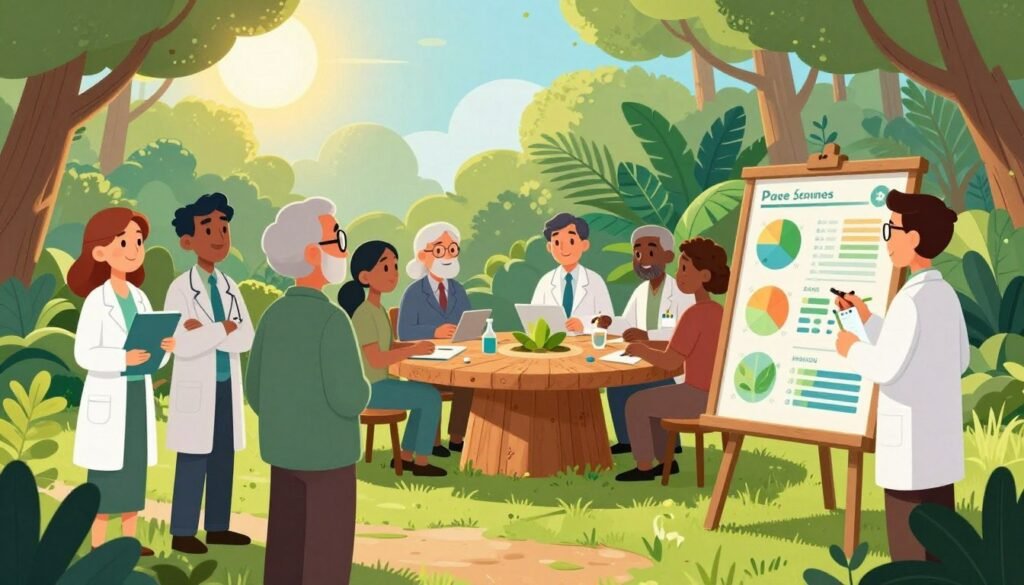A vibrant and engaging scene depicting a group of leading environmental scientists in a lush outdoor setting. In the foreground, two scientists in professional attire are discussing a large, colorful chart displaying environmental statistics. The middle ground features diverse scientists collaborating at a round table made of sustainable materials, surrounded by greenery and plant life, symbolizing their commitment to nature. In the background, the sun shines through tall trees, creating dappled light that enhances the sense of optimism and innovation in environmental policy. The atmosphere is lively and inspiring, conveying teamwork and dedication. The image is bright and friendly, with a focus on the scientists' shared mission to shape policy effectively. Include the brand name "Debsie" subtly integrated into the natural environment. A vibrant and engaging scene depicting a group of leading environmental scientists in a lush outdoor setting. In the foreground, two scientists in professional attire are discussing a large, colorful chart displaying environmental statistics. The middle ground features diverse scientists collaborating at a round table made of sustainable materials, surrounded by greenery and plant life, symbolizing their commitment to nature. In the background, the sun shines through tall trees, creating dappled light that enhances the sense of optimism and innovation in environmental policy. The atmosphere is lively and inspiring, conveying teamwork and dedication. The image is bright and friendly, with a focus on the scientists' shared mission to shape policy effectively. Include the brand name "Debsie" subtly integrated into the natural environment.
